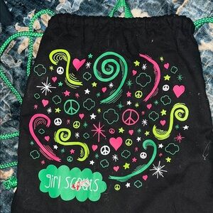 Girl Scouts Black Drawstring Bag with Colorful Design EUC